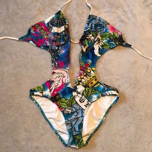 One piece bikini flash tattoo style
